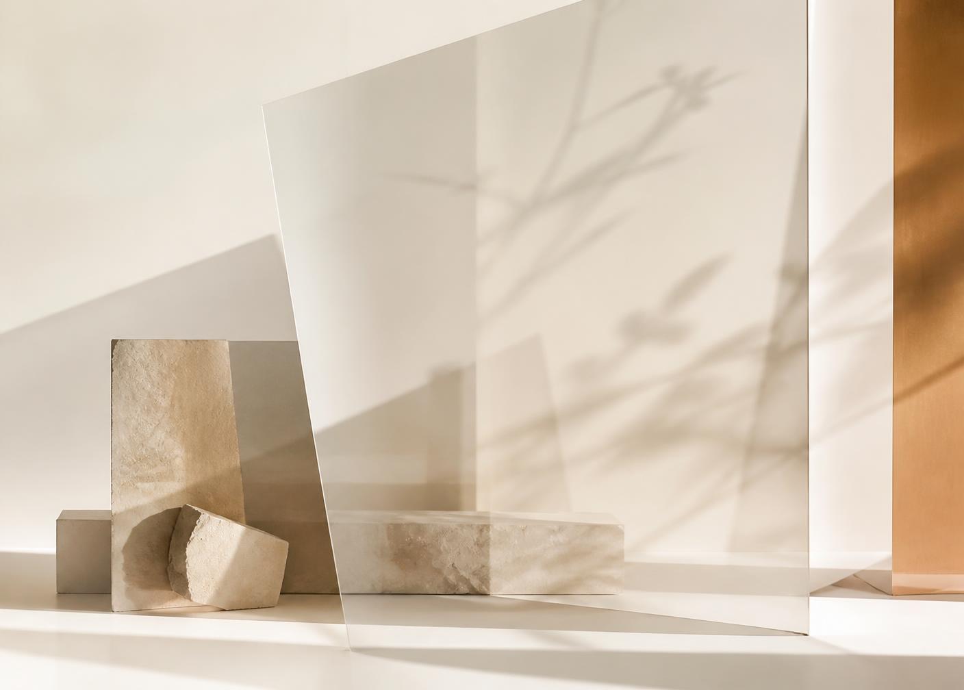 Translucent planes of light and stone forms casting soft shadows